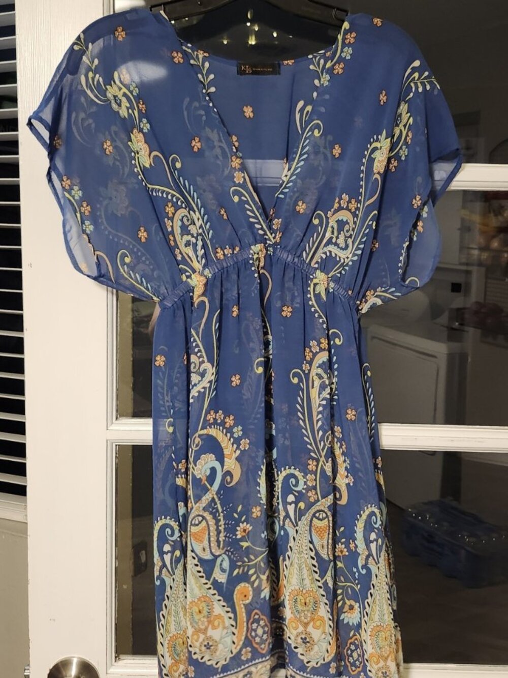 KLD Signature Sheer Blue Paisley Dress Women's XS Short Sleeve Midi V Neck Boho